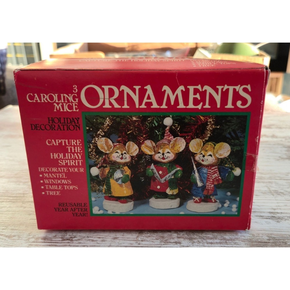 Vintage Caroling Mice Christmas Ornaments Set 3 Retro Paper Mache Holiday Decor